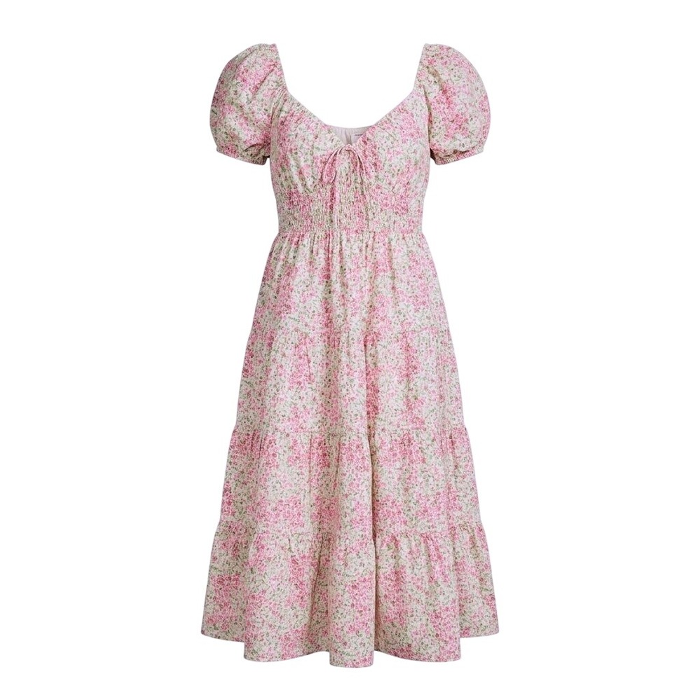 Arula Pink Floral Puff Sleeve Tiered Midi Dress Pockets Size A 1X 14/16 Lined